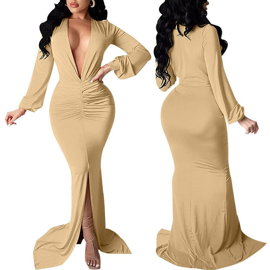 Elegant Slit Evening Mermaid Dress (BEIGE)